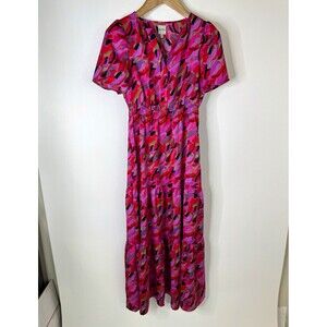 NIC+ZOE pink Abstract Print Maxi Dress V-Neck Short Puff Sleeve Pockets NWT $218